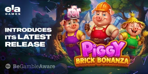 Interface colorida e temática de Piggy Brick Bonanza com elementos de construção.